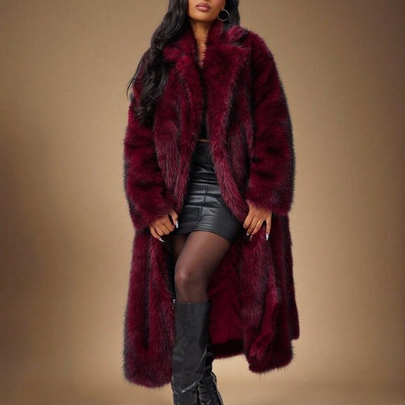 Jackets & Blazers - Burgundy Casual Women's Long Fluffy Faux Fur Coat